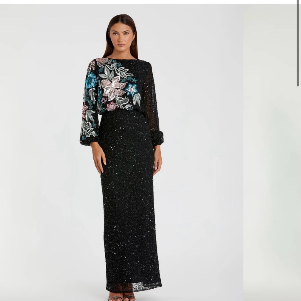 Mac Duggal Embellished Black Multi Color Floral High Neck Gown. Size 14